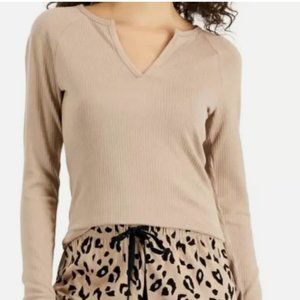 NWT Jenni Split Neck Ribbed Long Sleeve Knit Pajama Top Toffee Candy